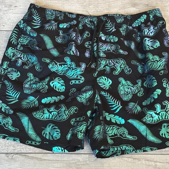 Uzzi Other - UZZI Men's L Swim Shorts Mesh Lined Trunks Black Iridescent Tiger‎ Palms Beach